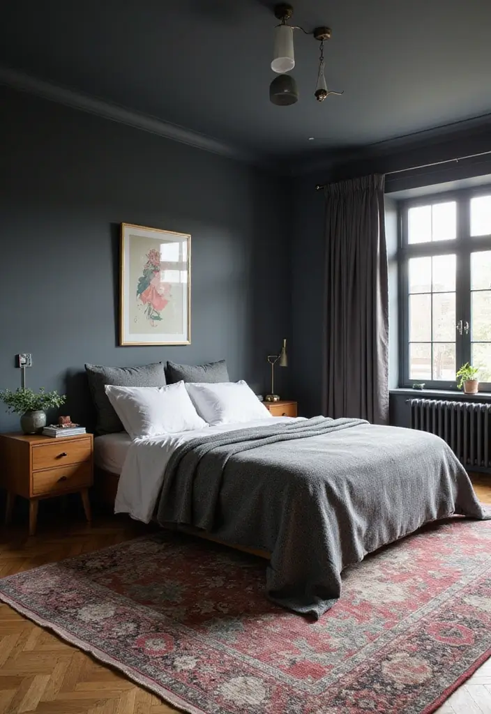 30+ Dark Grey Bedroom Ideas for a Chic and Modern Look 28 30+ Dark Grey Bedroom Ideas for a Chic and Modern Look - 28. Statement Rugs
