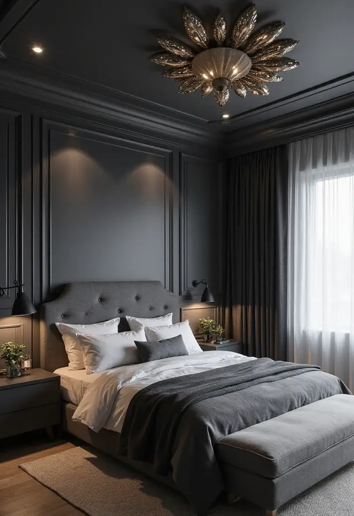 30+ Dark Grey Bedroom Ideas for a Chic and Modern Look 30 30+ Dark Grey Bedroom Ideas for a Chic and Modern Look - 30. Stylish Ceiling Designs