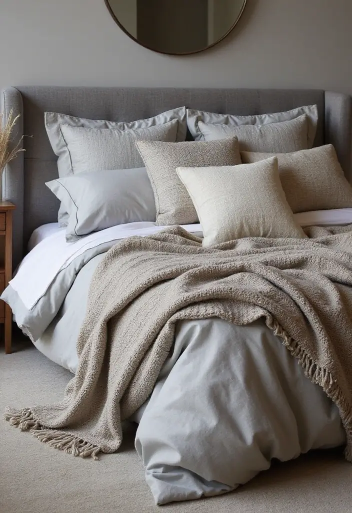 30+ Grey and Beige Bedroom Ideas for a Modern Neutral Style 1 30+ Grey and Beige Bedroom Ideas for a Modern Neutral Style - 1. Elegant Grey and Beige Bedding