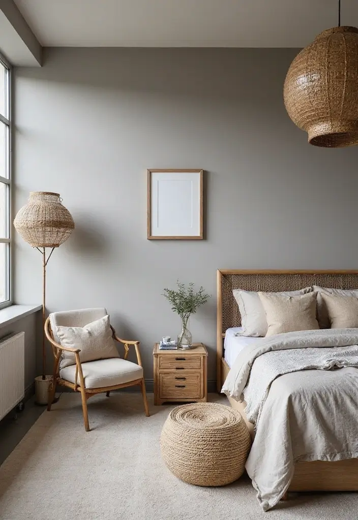 30+ Grey and Beige Bedroom Ideas for a Modern Neutral Style 14 30+ Grey and Beige Bedroom Ideas for a Modern Neutral Style - 14. Modern Rattan Accents