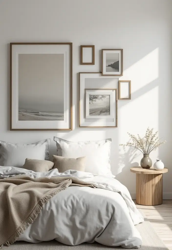 30+ Grey and Beige Bedroom Ideas for a Modern Neutral Style 6 30+ Grey and Beige Bedroom Ideas for a Modern Neutral Style - 6. Monochromatic Art Displays