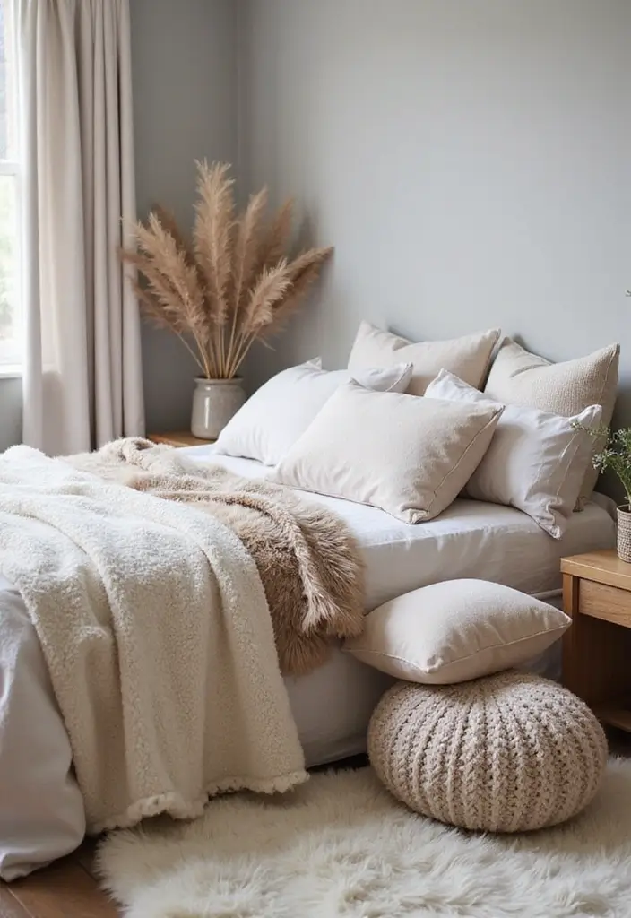 30+ Grey and Beige Bedroom Ideas for a Modern Neutral Style 7 30+ Grey and Beige Bedroom Ideas for a Modern Neutral Style - 7. Soft Textures with Accessories