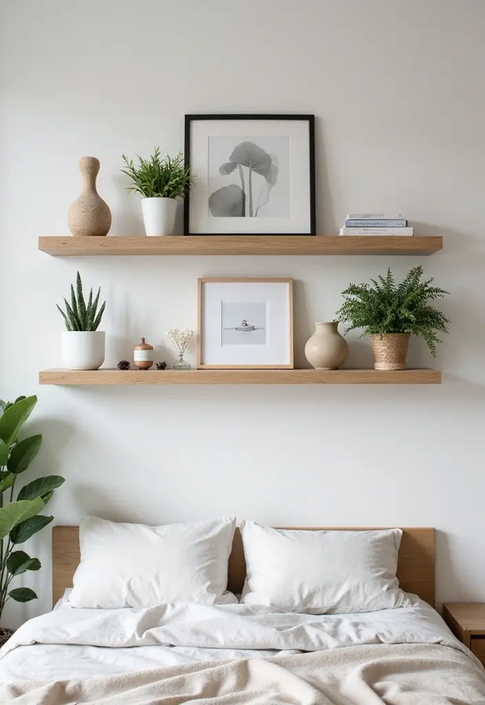 30+ Grey and Beige Bedroom Ideas for a Modern Neutral Style 9 30+ Grey and Beige Bedroom Ideas for a Modern Neutral Style - 9. Creative Floating Shelves