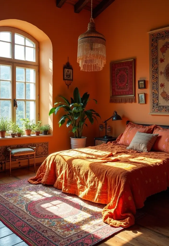 30+ Orange Bedroom Ideas for a Bold and Energetic Look 11 30+ Orange Bedroom Ideas for a Bold and Energetic Look - 11. Bohemian Orange Retreat