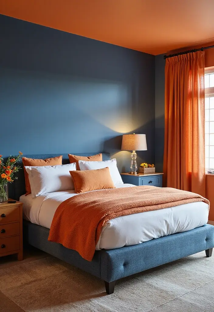 30+ Orange Bedroom Ideas for a Bold and Energetic Look 12 30+ Orange Bedroom Ideas for a Bold and Energetic Look - 12. Orange and Blue Harmony