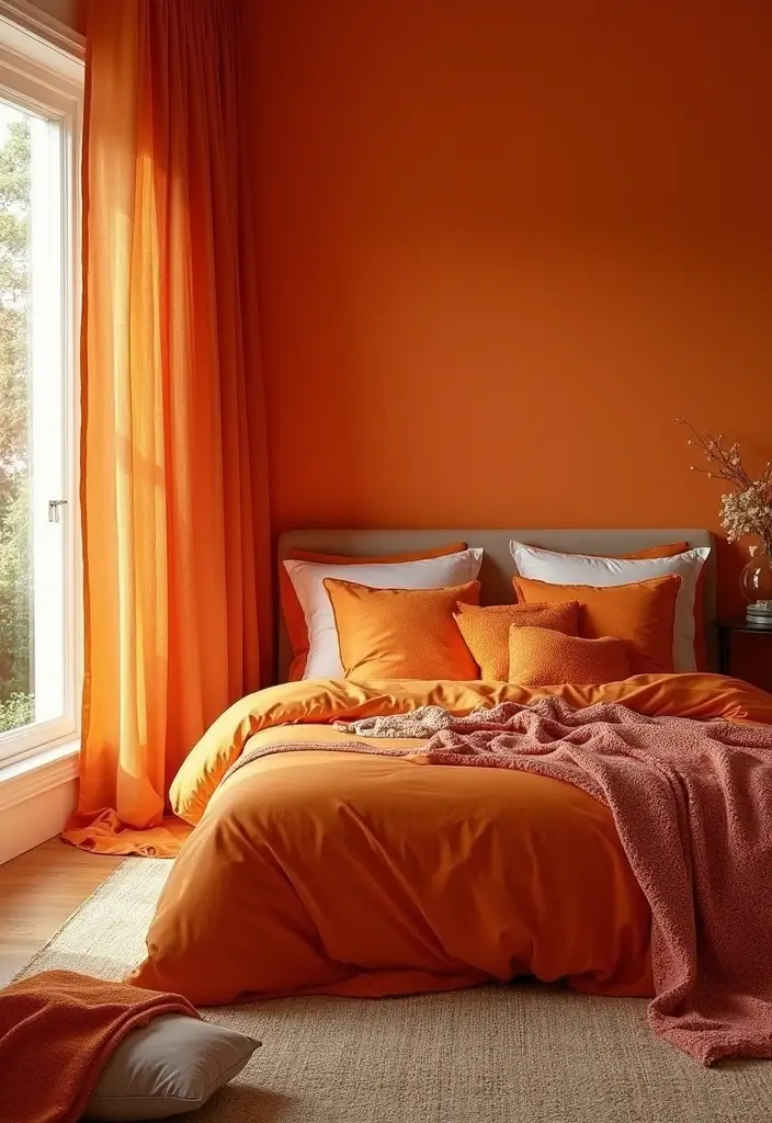 30+ Orange Bedroom Ideas for a Bold and Energetic Look 15 30+ Orange Bedroom Ideas for a Bold and Energetic Look - 15. Eclectic Orange Textiles