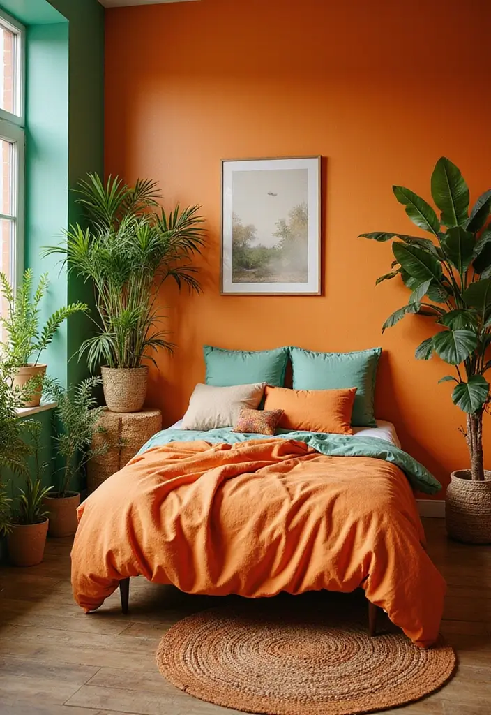30+ Orange Bedroom Ideas for a Bold and Energetic Look 16 30+ Orange Bedroom Ideas for a Bold and Energetic Look - 16. Orange and Green Nature
