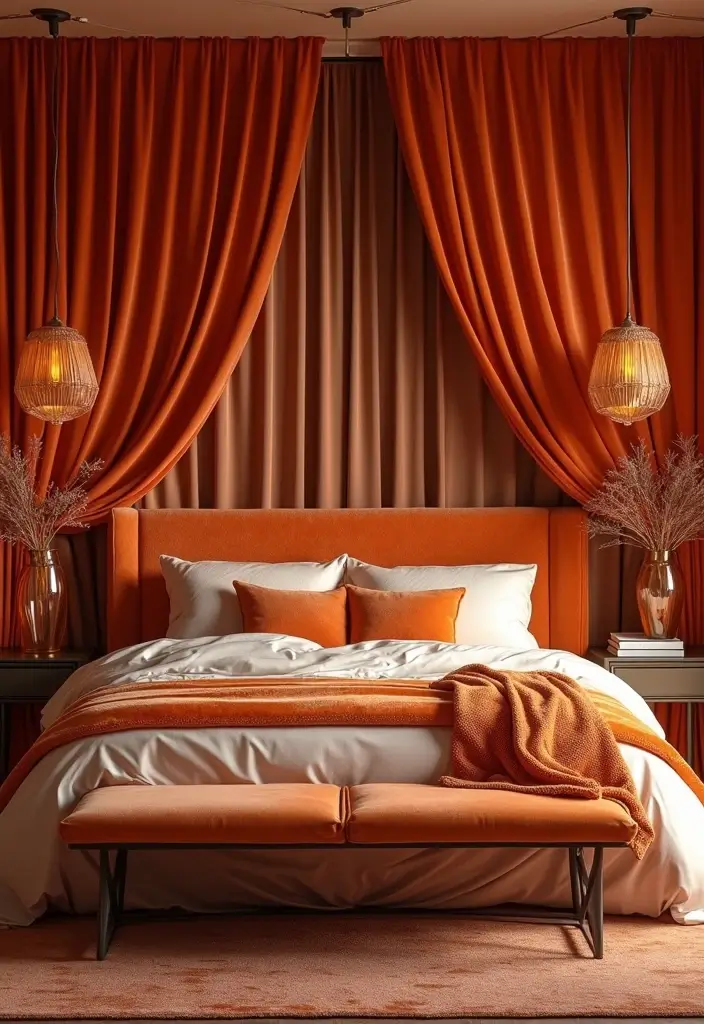 30+ Orange Bedroom Ideas for a Bold and Energetic Look 17 30+ Orange Bedroom Ideas for a Bold and Energetic Look - 17. Luxurious Orange Velvet