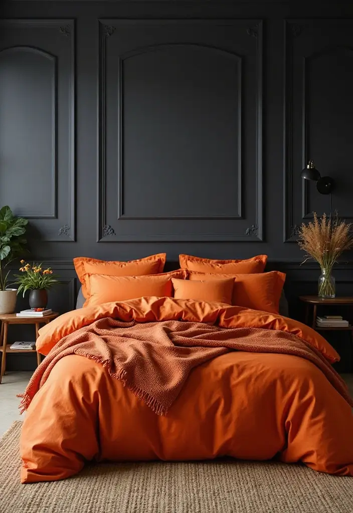 30+ Orange Bedroom Ideas for a Bold and Energetic Look 19 30+ Orange Bedroom Ideas for a Bold and Energetic Look - 19. Orange Accents on Dark Backgrounds