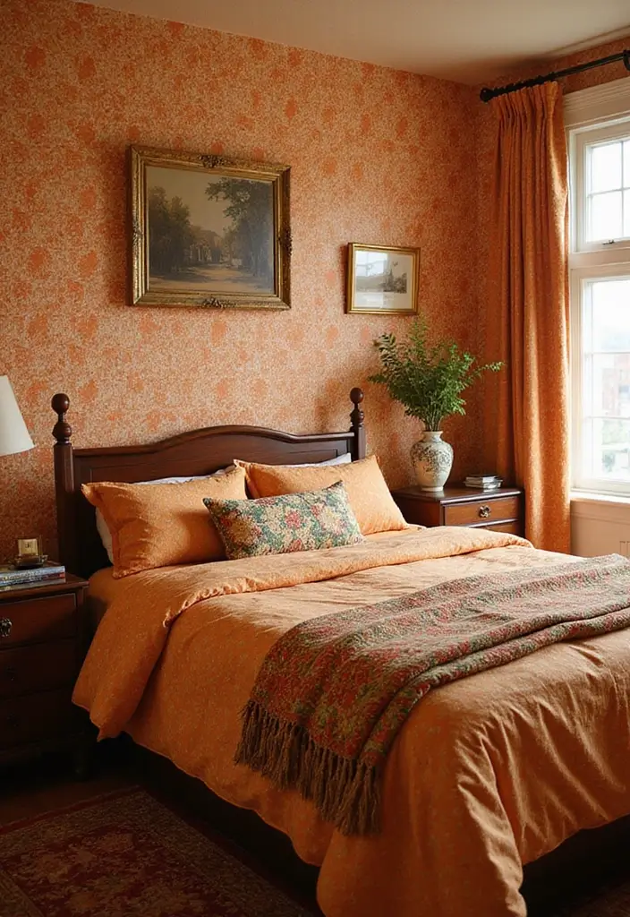 30+ Orange Bedroom Ideas for a Bold and Energetic Look 2 30+ Orange Bedroom Ideas for a Bold and Energetic Look - 2. Vintage Orange Patterns