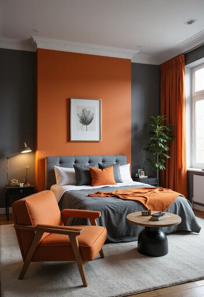 30+ Orange Bedroom Ideas for a Bold and Energetic Look 21 30+ Orange Bedroom Ideas for a Bold and Energetic Look - 21. Orange and Gray Sophistication