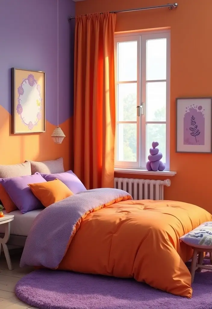 30+ Orange Bedroom Ideas for a Bold and Energetic Look 26 30+ Orange Bedroom Ideas for a Bold and Energetic Look - 26. Orange and Purple Playfulness