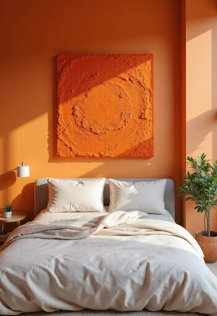 30+ Orange Bedroom Ideas for a Bold and Energetic Look 27 30+ Orange Bedroom Ideas for a Bold and Energetic Look - 27. Textured Orange Wall Art