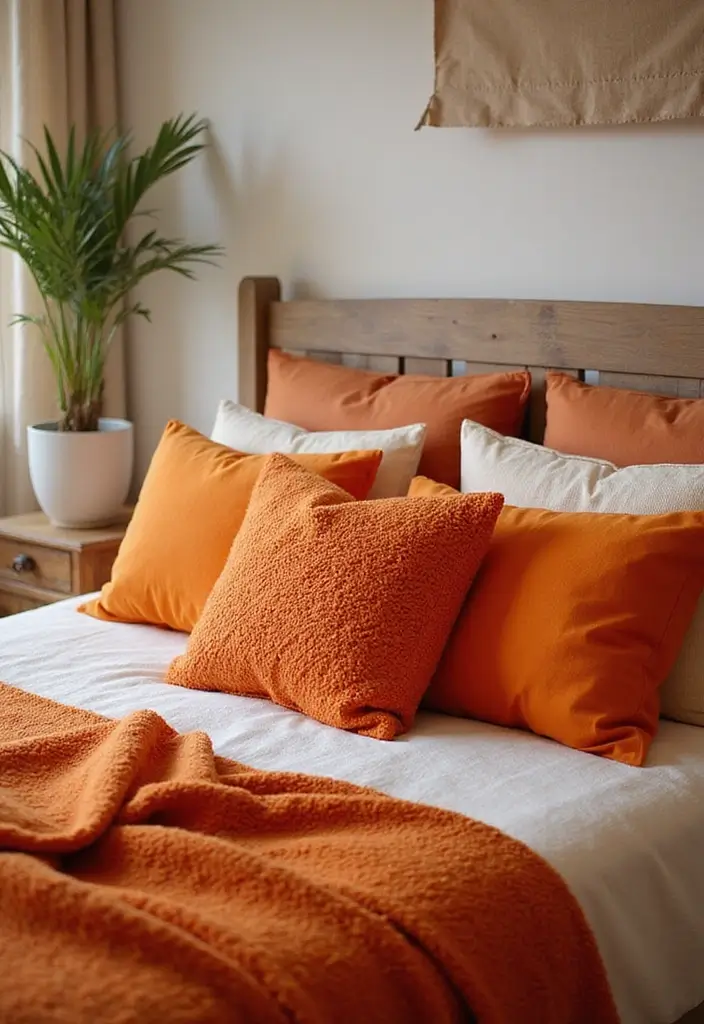 30+ Orange Bedroom Ideas for a Bold and Energetic Look 28 30+ Orange Bedroom Ideas for a Bold and Energetic Look - 28. Orange Throw Pillows and Blankets