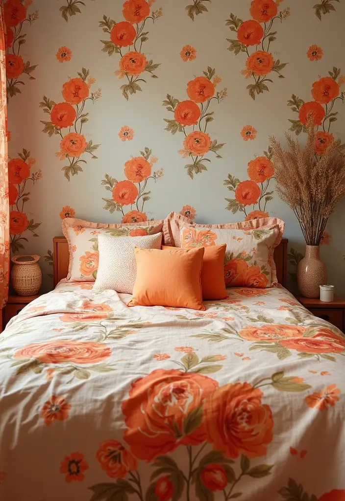 30+ Orange Bedroom Ideas for a Bold and Energetic Look 30 30+ Orange Bedroom Ideas for a Bold and Energetic Look - 30. Orange Floral Patterns