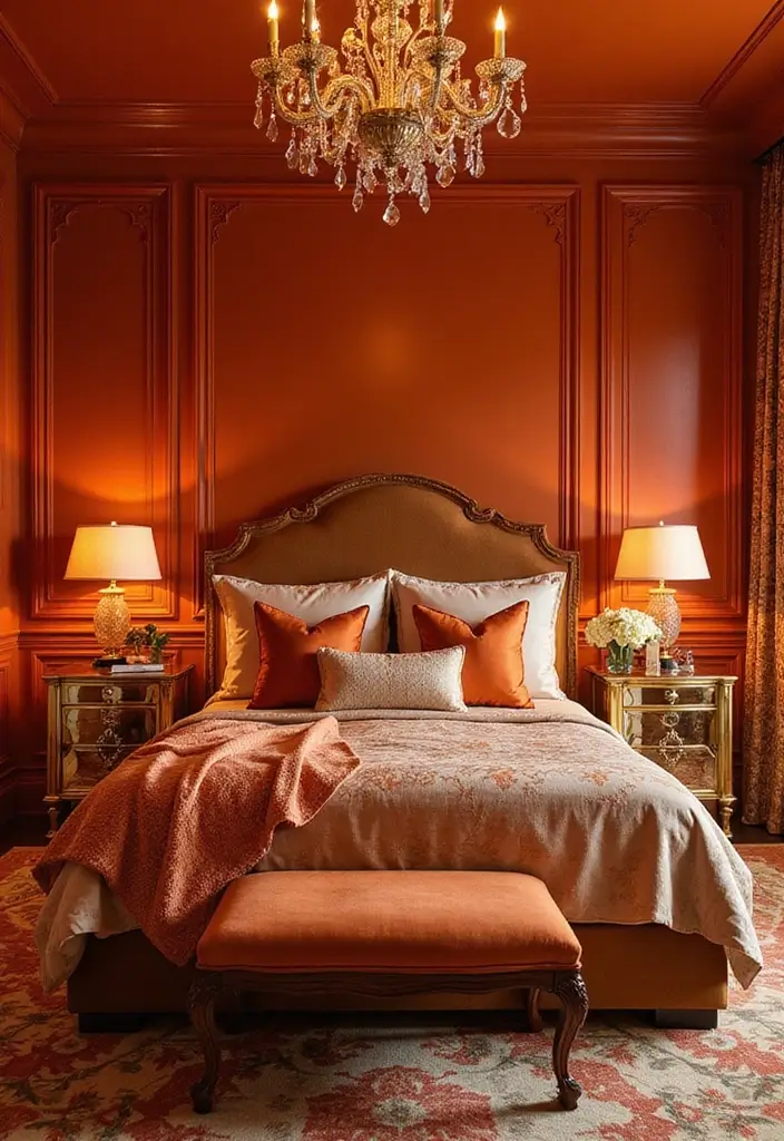 30+ Orange Bedroom Ideas for a Bold and Energetic Look 7 30+ Orange Bedroom Ideas for a Bold and Energetic Look - 7. Orange and Gold Glam