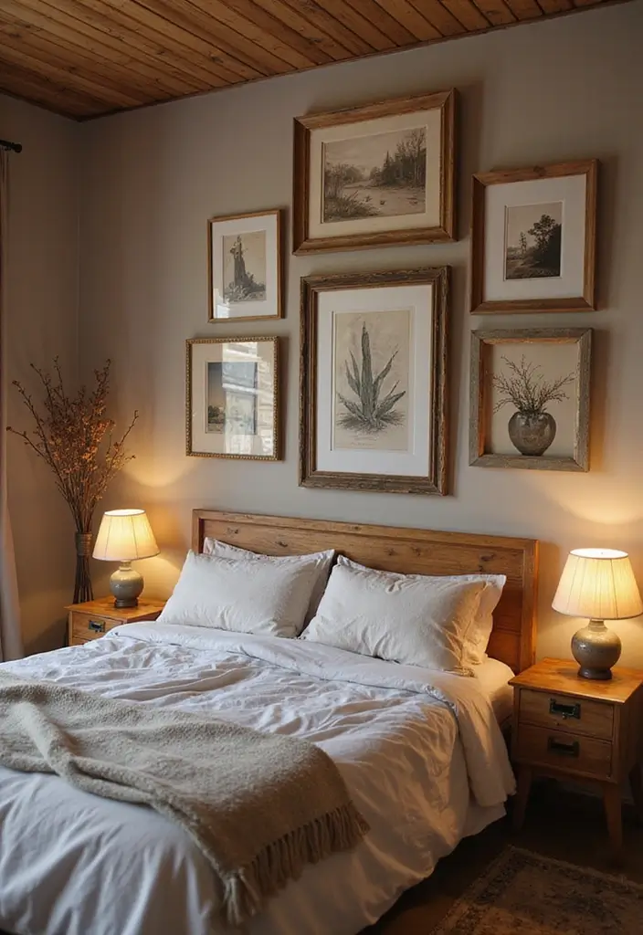30+ Picture Wall Bedroom Ideas You’ll Want to Try 14 30+ Picture Wall Bedroom Ideas You’ll Want to Try - 14. Rustic Wooden Frames