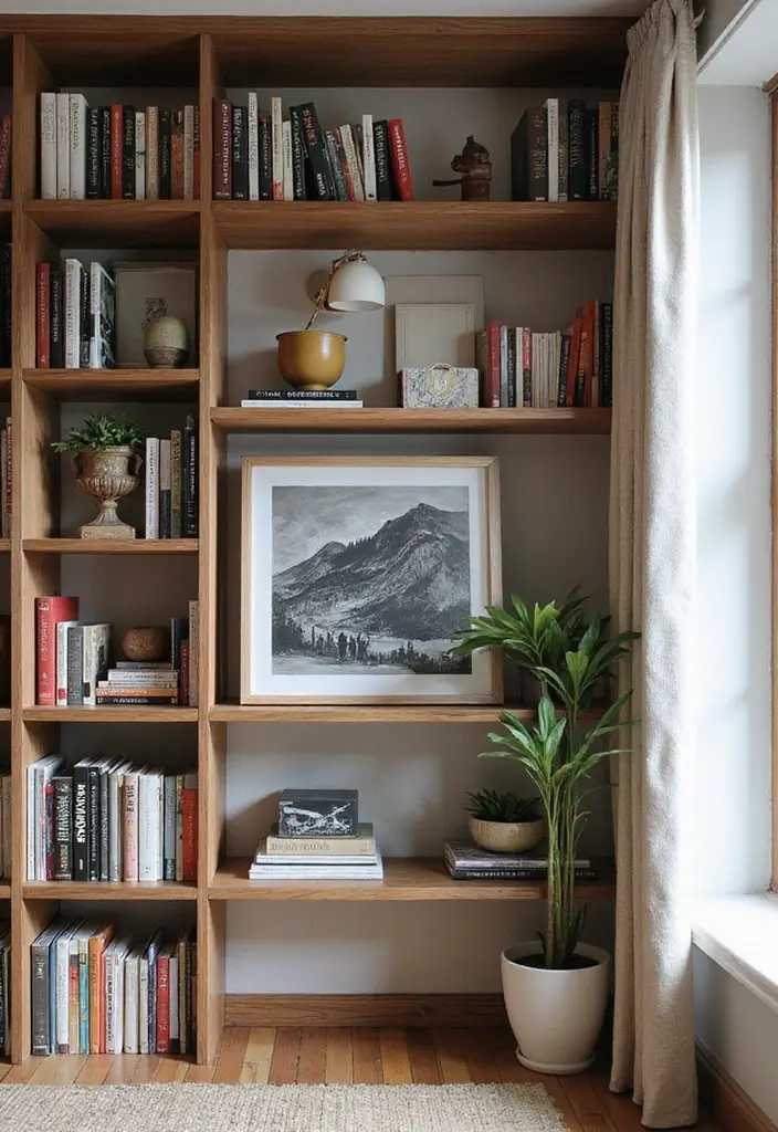 30+ Picture Wall Bedroom Ideas You’ll Want to Try 17 30+ Picture Wall Bedroom Ideas You’ll Want to Try - 17. Shelfie with Books and Art