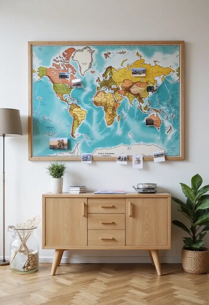 30+ Picture Wall Bedroom Ideas You’ll Want to Try 24 30+ Picture Wall Bedroom Ideas You’ll Want to Try - 24. Travel Map with Photos