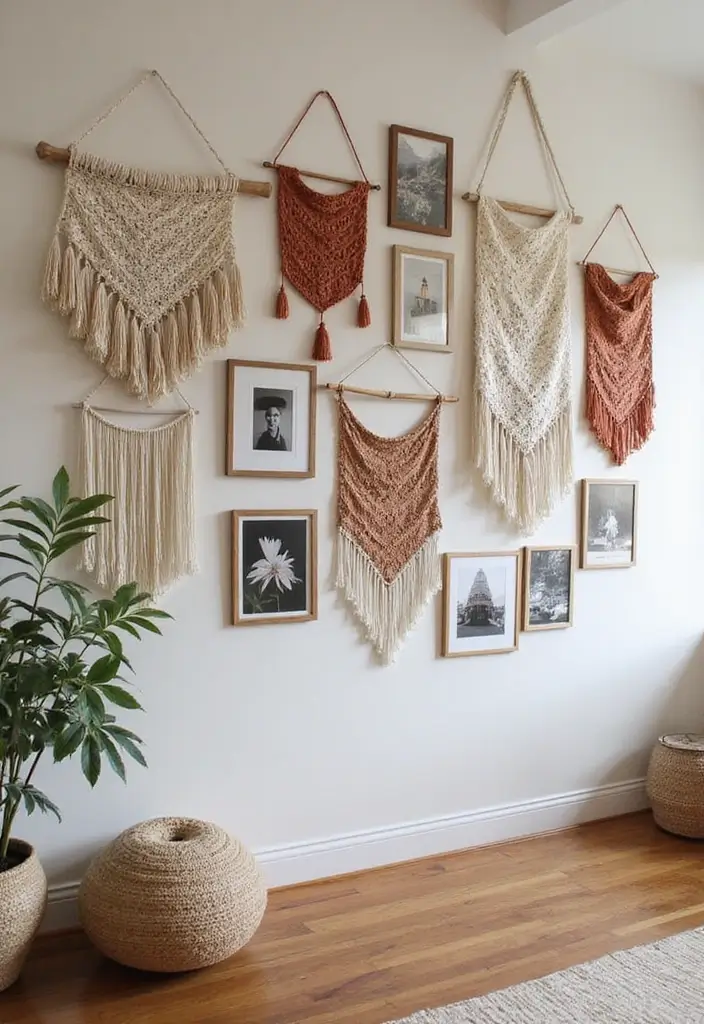30+ Picture Wall Bedroom Ideas You’ll Want to Try 26 30+ Picture Wall Bedroom Ideas You’ll Want to Try - 26. Boho Fabric Wall Hangings