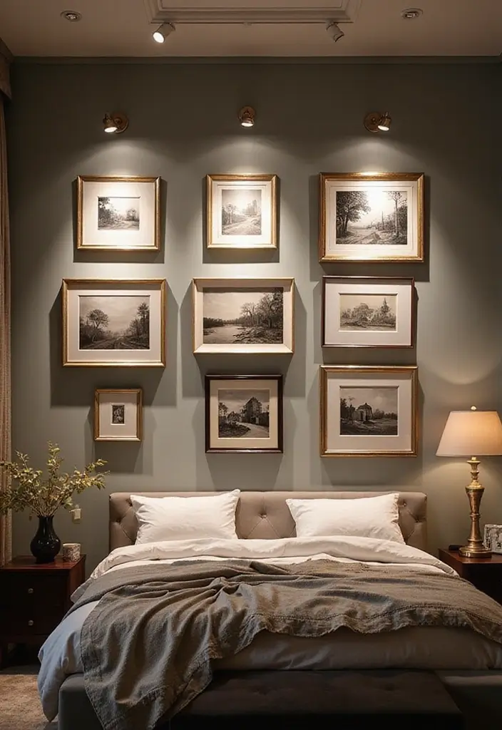 30+ Picture Wall Bedroom Ideas You’ll Want to Try 27 30+ Picture Wall Bedroom Ideas You’ll Want to Try - 27. Exhibition Style Presentation