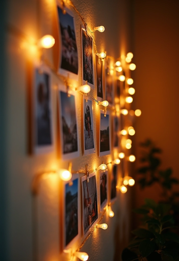30+ Picture Wall Bedroom Ideas You’ll Want to Try 5 30+ Picture Wall Bedroom Ideas You’ll Want to Try - 5. String Lights and Photos