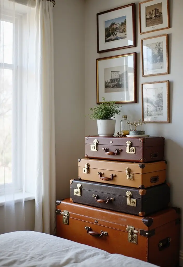 30+ Picture Wall Bedroom Ideas You’ll Want to Try 7 30+ Picture Wall Bedroom Ideas You’ll Want to Try - 7. Vintage Suitcase Display