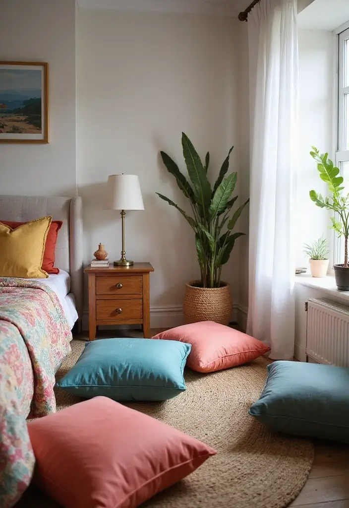 30+ Relaxing Bedroom Ideas for the Perfect Retreat 23 30+ Relaxing Bedroom Ideas for the Perfect Retreat - 23. Cozy Corner with Floor Cushions