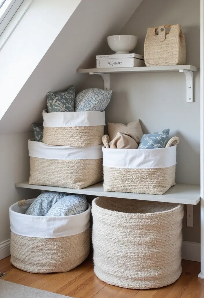 30+ Slanted Ceiling Bedroom Ideas That Maximize Space 20 30+ Slanted Ceiling Bedroom Ideas That Maximize Space - 21. Storage Bins and Baskets