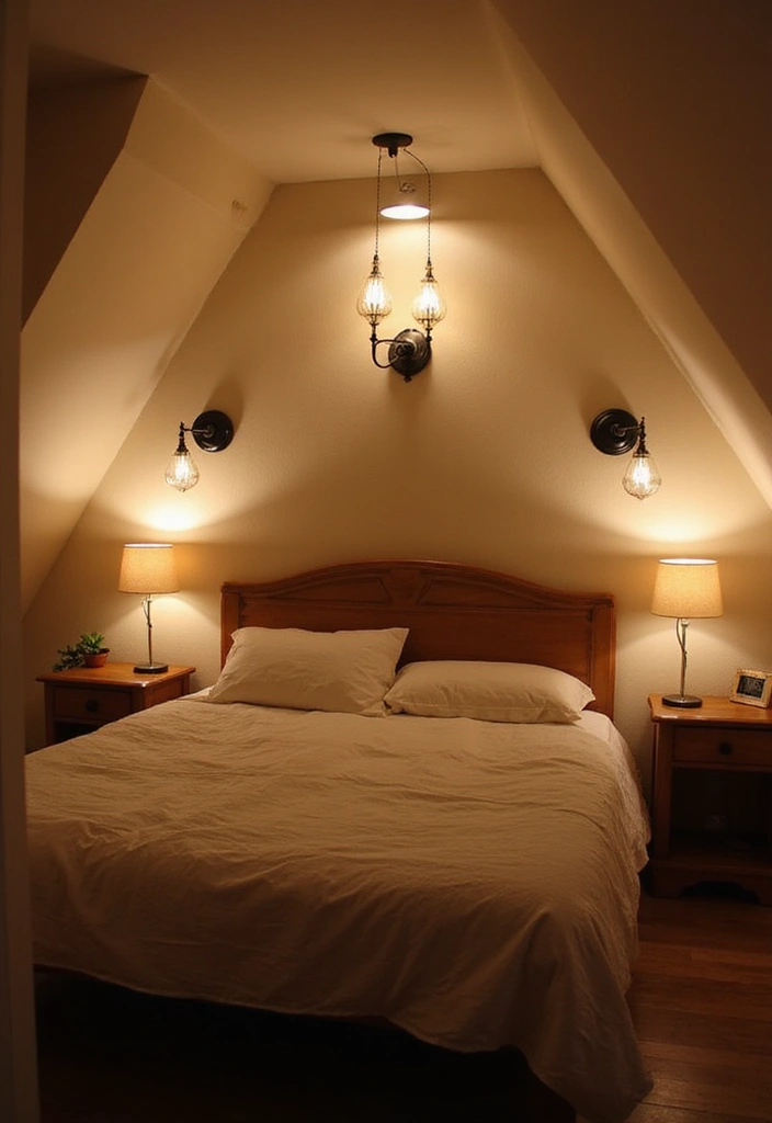 30+ Slanted Ceiling Bedroom Ideas That Maximize Space 5 30+ Slanted Ceiling Bedroom Ideas That Maximize Space - 5. Layered Lighting Schemes