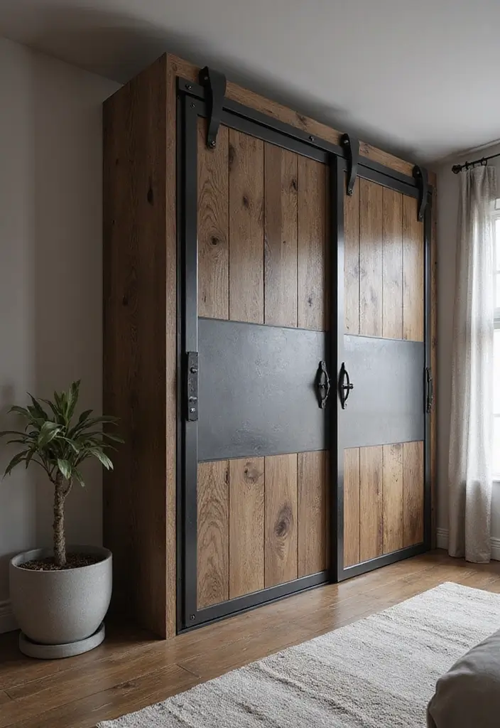 30+ Sliding Wardrobe Bedroom Design Ideas for Small Spaces 15 30+ Sliding Wardrobe Bedroom Design Ideas for Small Spaces - 15. Industrial Sliding Wardrobe