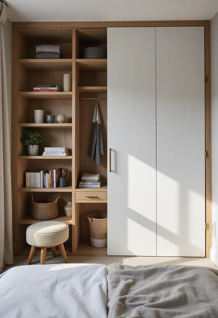 30+ Sliding Wardrobe Bedroom Design Ideas for Small Spaces 19 30+ Sliding Wardrobe Bedroom Design Ideas for Small Spaces - 19. Sliding Wardrobe with Open Shelves