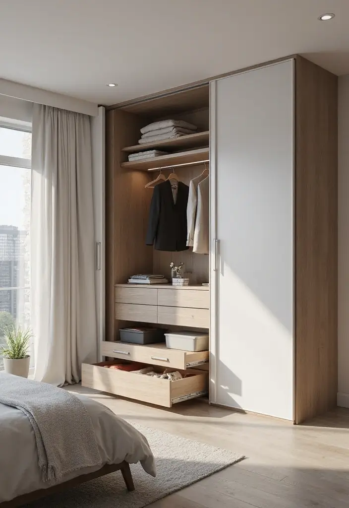 30+ Sliding Wardrobe Bedroom Design Ideas for Small Spaces 21 30+ Sliding Wardrobe Bedroom Design Ideas for Small Spaces - 21. Sliding Wardrobe with Sliding Drawers