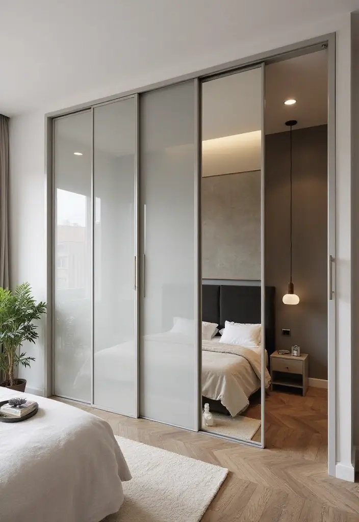 30+ Sliding Wardrobe Bedroom Design Ideas for Small Spaces 3 30+ Sliding Wardrobe Bedroom Design Ideas for Small Spaces - 3. Modern Glass Sliding Wardrobe