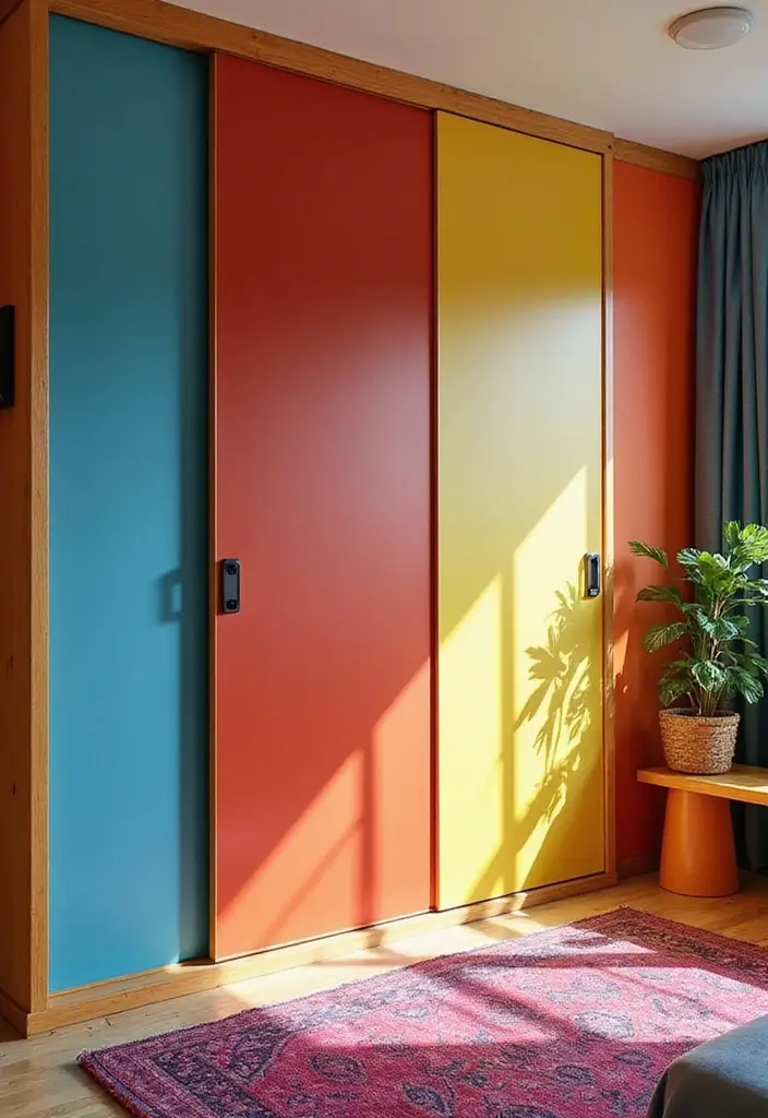 30+ Sliding Wardrobe Bedroom Design Ideas for Small Spaces 6 30+ Sliding Wardrobe Bedroom Design Ideas for Small Spaces - 6. Colorful Sliding Wardrobe