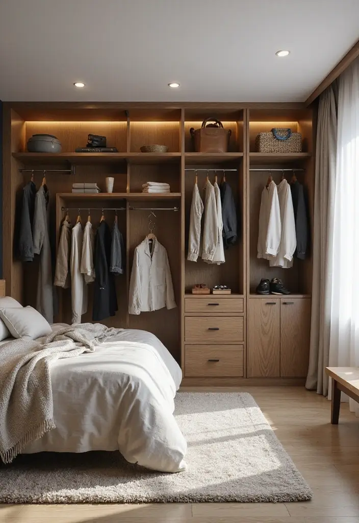 30+ Small Bedroom Ideas That Work Even in Tiny Spaces 24 30+ Small Bedroom Ideas That Work Even in Tiny Spaces - 24. Open Wardrobes