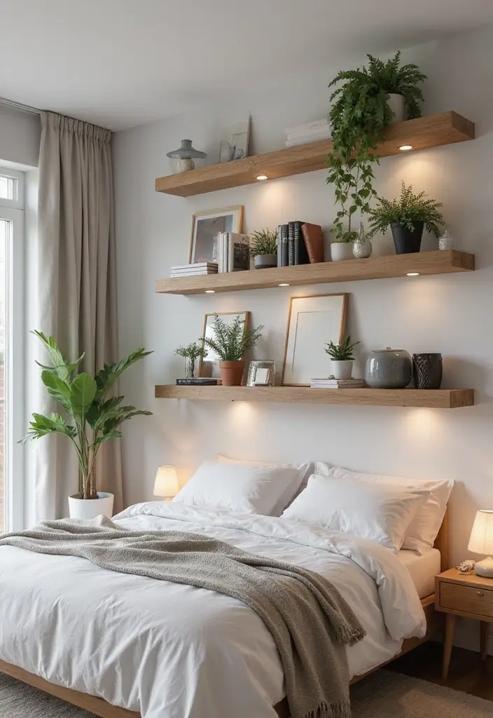 30+ Small Modern Bedroom Ideas That Save Space in Style 1 30+ Small Modern Bedroom Ideas That Save Space in Style - 1. Floating Shelves for Stylish Storage