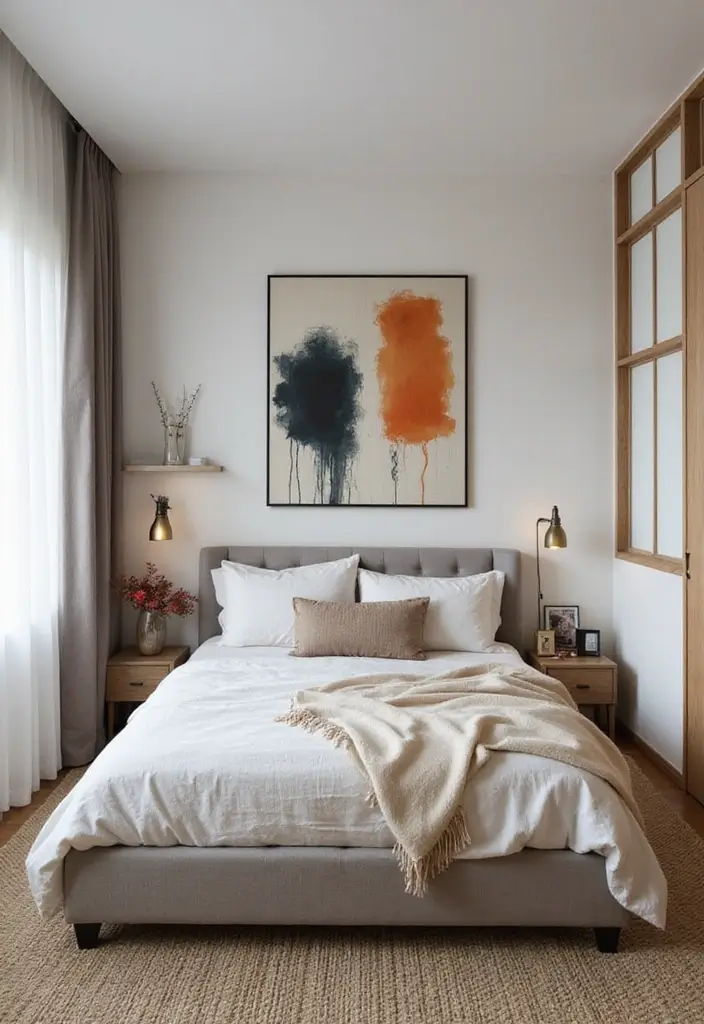 30+ Small Modern Bedroom Ideas That Save Space in Style 18 30+ Small Modern Bedroom Ideas That Save Space in Style - 18. Statement Art Pieces