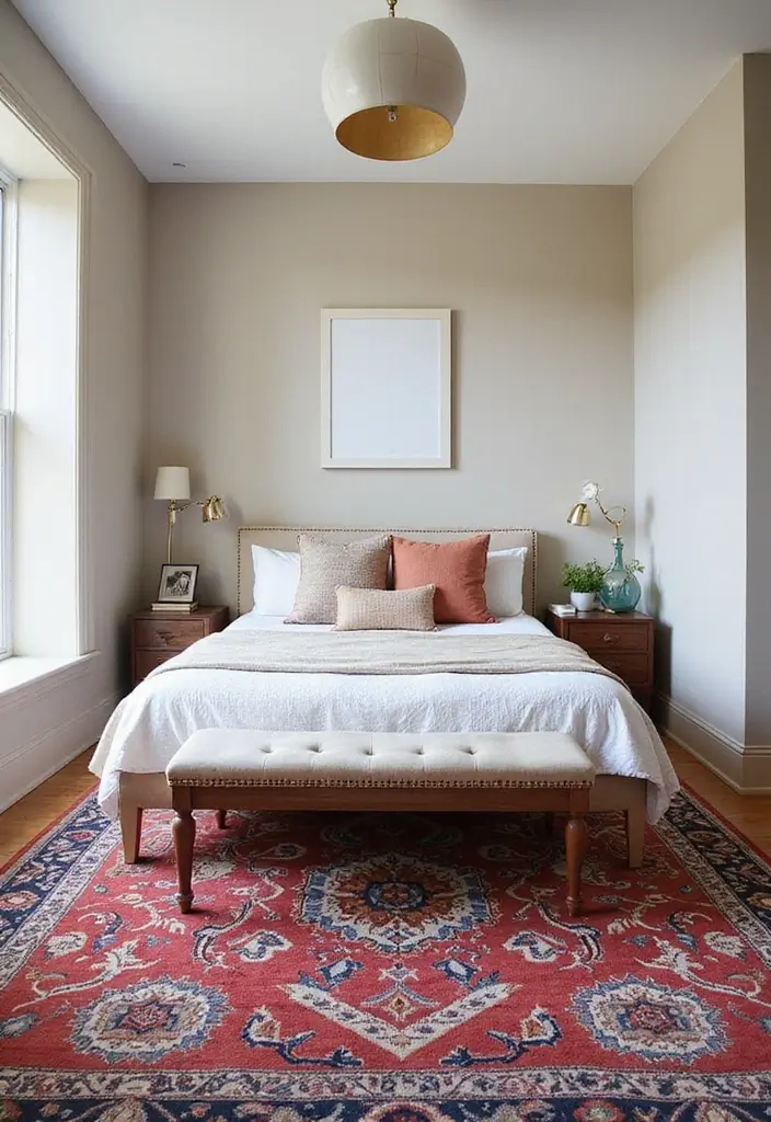 30+ Small Modern Bedroom Ideas That Save Space in Style 23 30+ Small Modern Bedroom Ideas That Save Space in Style - 23. Statement Rugs