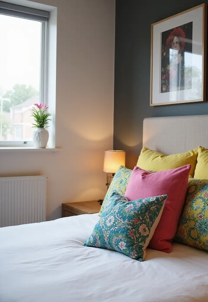 30+ Small Modern Bedroom Ideas That Save Space in Style 28 30+ Small Modern Bedroom Ideas That Save Space in Style - 28. Colorful Accent Pillows