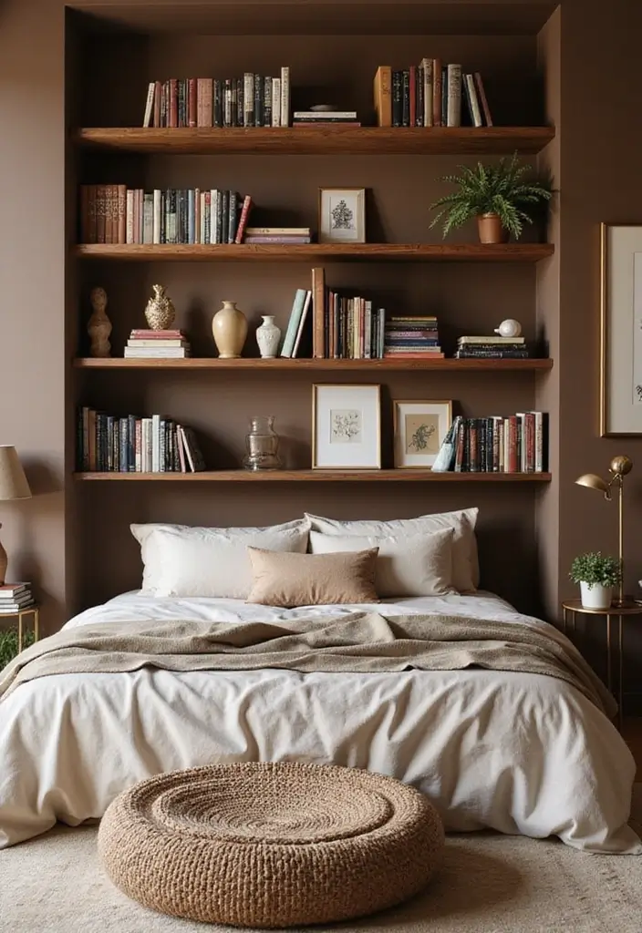 30+ Warm Brown Bedroom Ideas for a Relaxing Space 16 30+ Warm Brown Bedroom Ideas for a Relaxing Space - 16. Open Shelving for Display