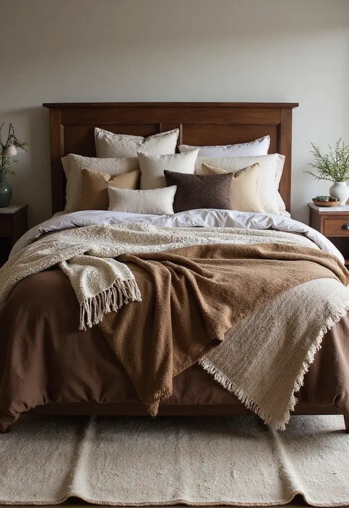 30+ Warm Brown Bedroom Ideas for a Relaxing Space 2 30+ Warm Brown Bedroom Ideas for a Relaxing Space - 2. Cozy Textiles in Layers