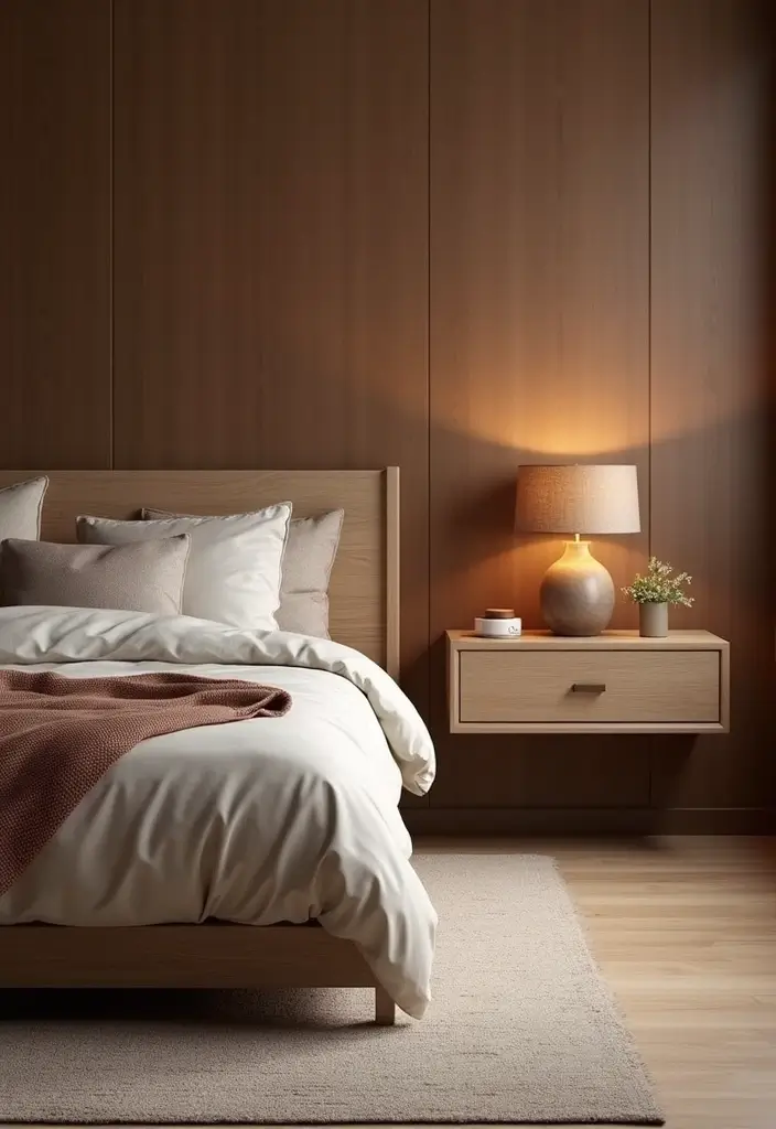 30+ Warm Brown Bedroom Ideas for a Relaxing Space 21 30+ Warm Brown Bedroom Ideas for a Relaxing Space - 21. Floating Nightstands