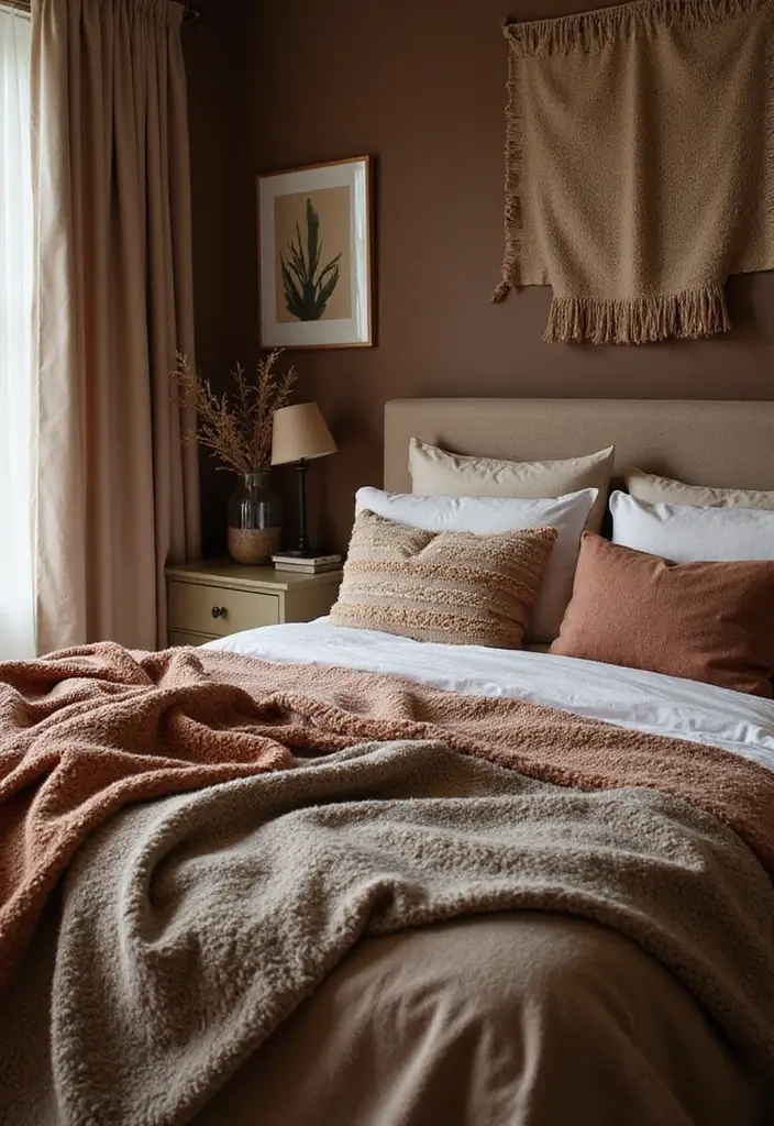 30+ Warm Brown Bedroom Ideas for a Relaxing Space 29 30+ Warm Brown Bedroom Ideas for a Relaxing Space - 29. Textured Throws and Pillows