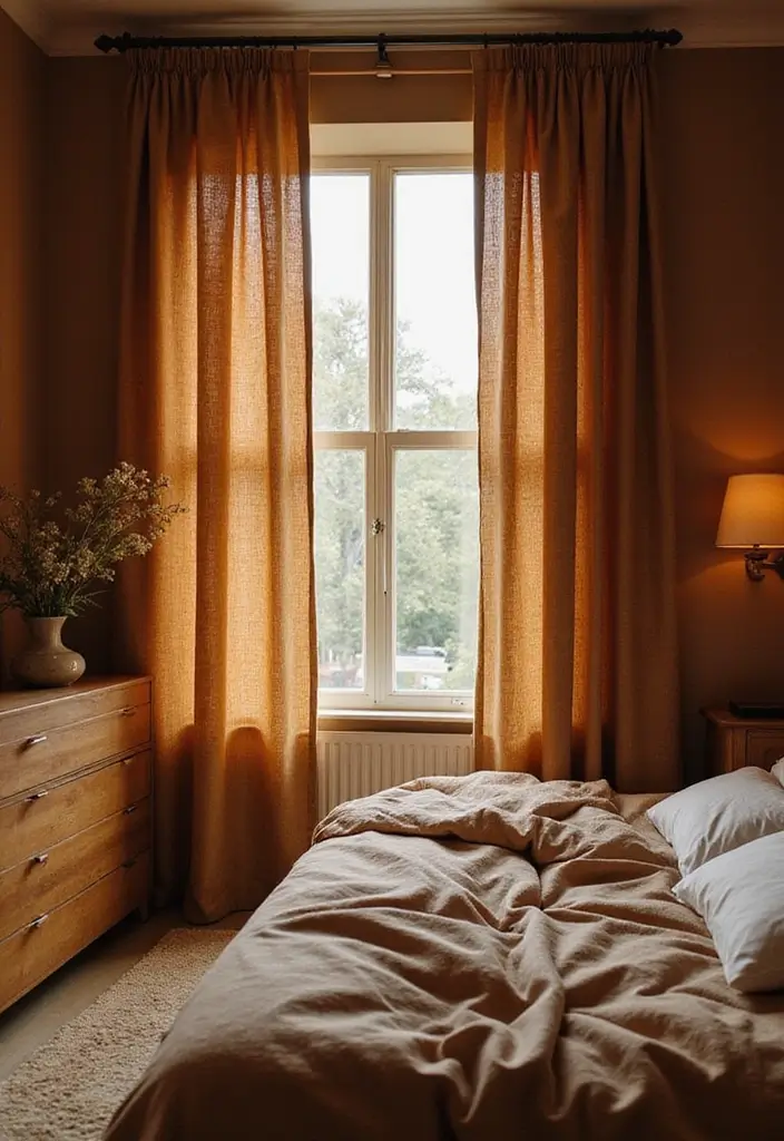 30+ Warm Brown Bedroom Ideas for a Relaxing Space 9 30+ Warm Brown Bedroom Ideas for a Relaxing Space - 9. Window Treatments for Cozy Vibes