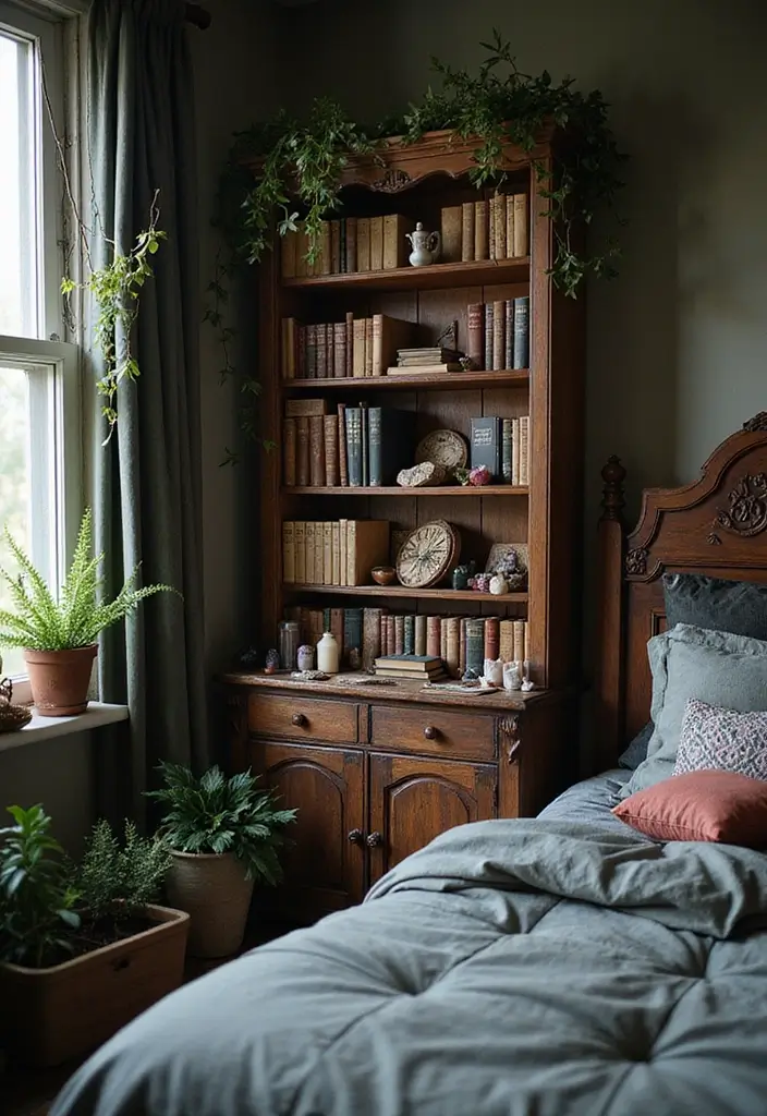 30+ Witchy Bedroom Ideas for a Magical Vibe 15 30+ Witchy Bedroom Ideas for a Magical Vibe - 15. Vintage Bookshelves