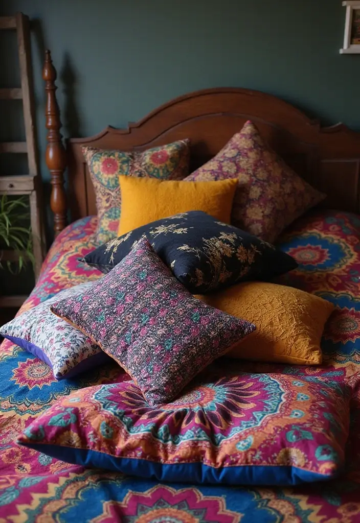 30+ Witchy Bedroom Ideas for a Magical Vibe 19 30+ Witchy Bedroom Ideas for a Magical Vibe - 19. Colorful Throw Pillows