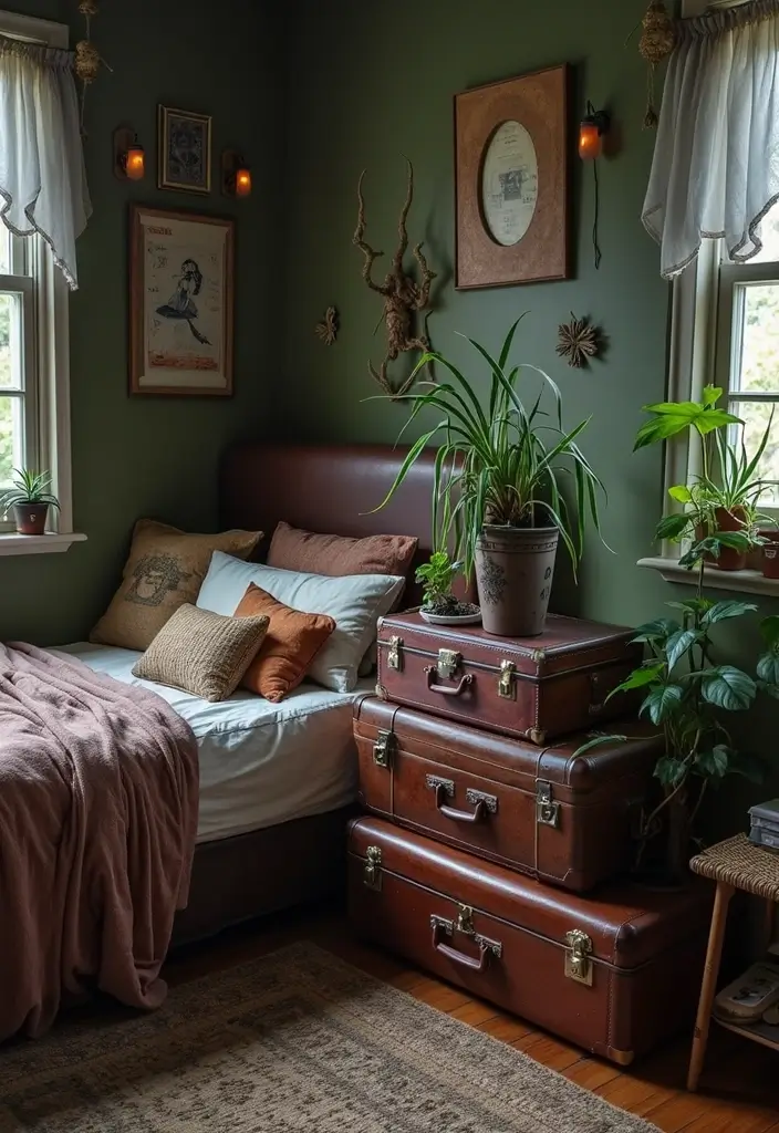 30+ Witchy Bedroom Ideas for a Magical Vibe 25 30+ Witchy Bedroom Ideas for a Magical Vibe - 25. Vintage Suitcases